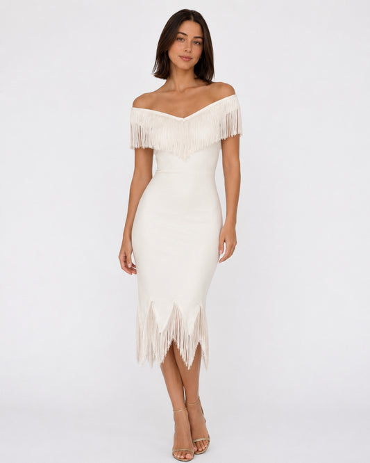 Cannes Fringe Off Shoulder Midi Dress