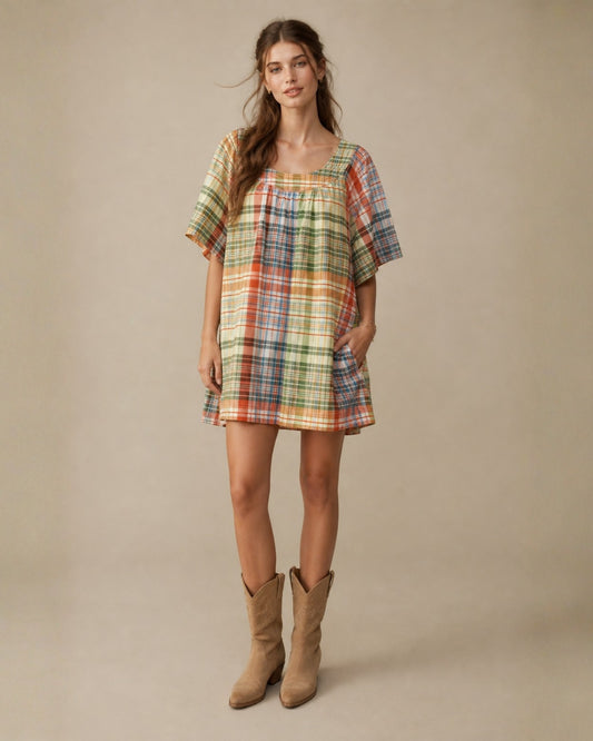 Sunday Plaid Square-Neck Mini Swing Dress
